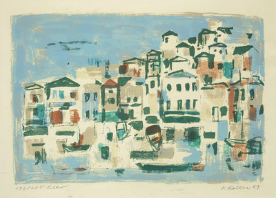 Oskar Koller: Küstenstadt in Italien (Lithografie, handsigniert u. datiert 1959)