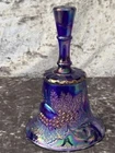Stunning Electric Blue Carnival Glass Bell – Iridescent Grapes & Leaves Pattern,