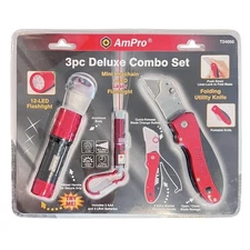 New AmPro 3 Pc Deluxe Combo Set 12-LED Flashlight Mini Flashlight Utility Knife