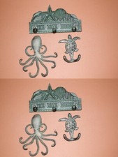 Beach Bath House Towel Hooks, Bronze Look Cast Iron, Octopus / Sea Turtle, 6 pcs