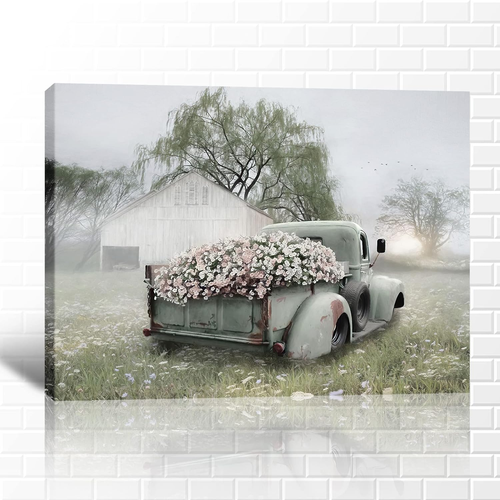 Farmhouse Truck Wall Art - Old Truck Canvas Prints, Barn Pictures Wall Art for R