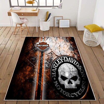 Skull Retro Motorcycle Theme Rug Cool Biker Decor For Garage Or