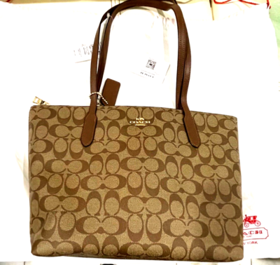 coach トートバッグ NWT COACH Signature Coated Canvas Zip Shoulder Tote Bag,/Saddle