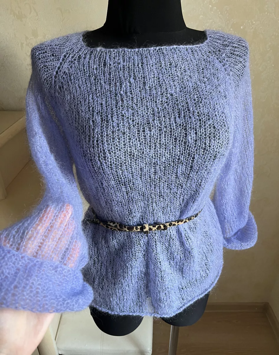 Women Blue Jumper Mesh Kid Mohair Wool Loose Fit Sweater, Hand Knit, Oversized