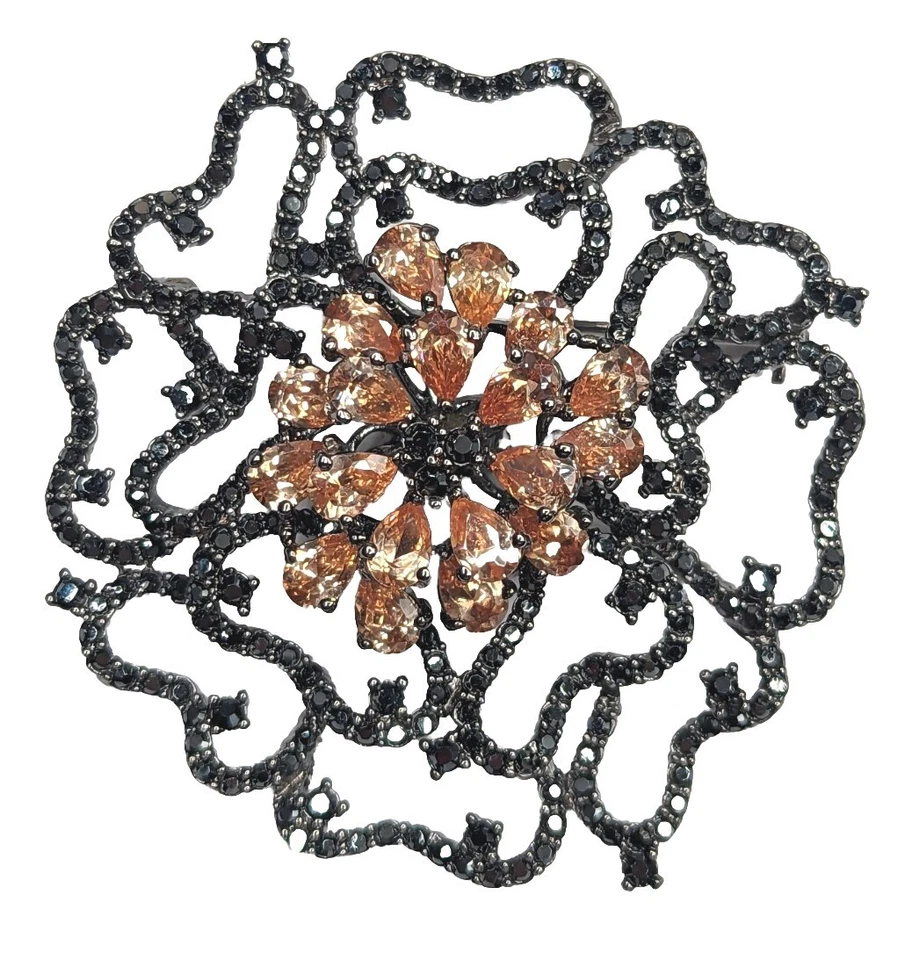 Rare Nolan Miller Large Dimensional Barrington Flower Pave Gunmetal Brooch Pin