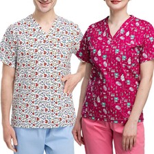 100 Cotton Unisex Scrub Tops Men Women Short Sleeve Digital Printing Medical