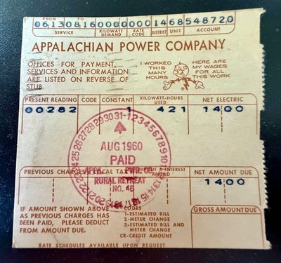 1960 Appalachian Power Bill Stub Crockett VA Wytheville Postmark 3¢ Stamp