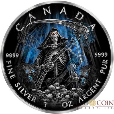 #333 Canada $5 GRIM REAPER ARMAGEDDON Maple Leaf SILVER coin 2016 Ruthenium pl.