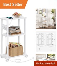 Narrow White Side Table with Charging Station, USB Ports Elegant Storage