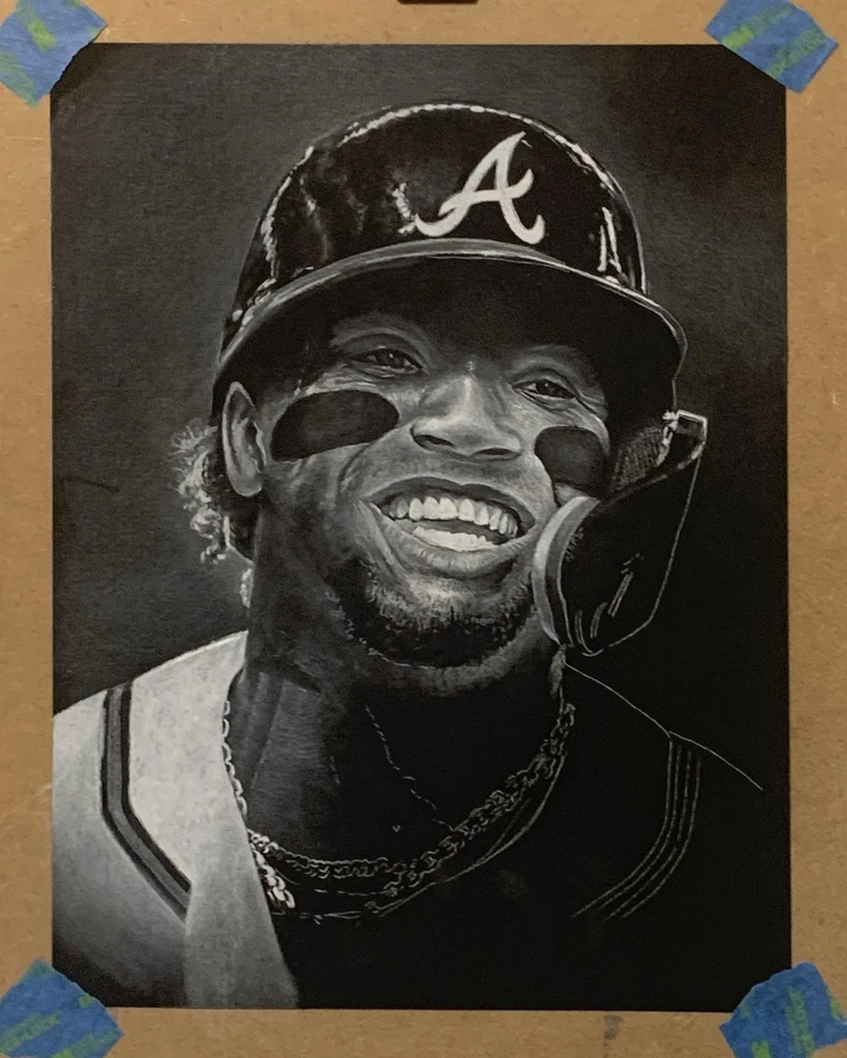 Ronald Acuña Jr. Dibujo Original Blanco Carbón 9 X 12 Por James Henry Smith Foto 3 de 4