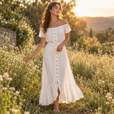 Indigo Rose Women’s Petite M White Off Shoulder Button Front Maxi Dress Bohemian