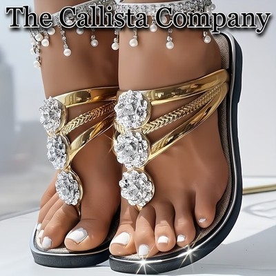 150K+ Sold | CHIC FLIP FLOPs WITH RHINESTONE EMBELLISHED FLOWERS (GOLD) (SZ 6-9)