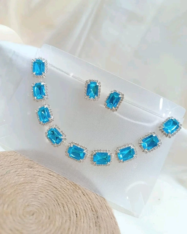 Argento Sterling Rettangolo Blu Zirconia Collana Set Handmade Matrimonio Regalo - Immagine 2 di 4