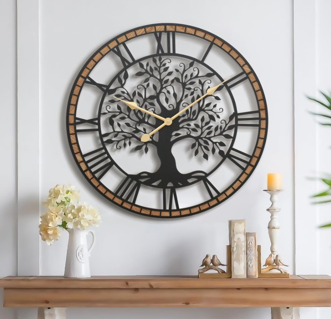 24'' Non-Ticking Wall Clock, Tree of Life Metal & Wood Frame, Silent Decor