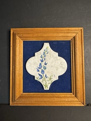 Framed Handmade Ceramic Tile Bluebonnet Floral Art Wood Frame Texas Decor