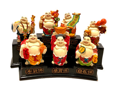 7 Laughing Chinese Buddhas Resin on Black Display Stand Feng Shui 11''x4.5''x5.75''