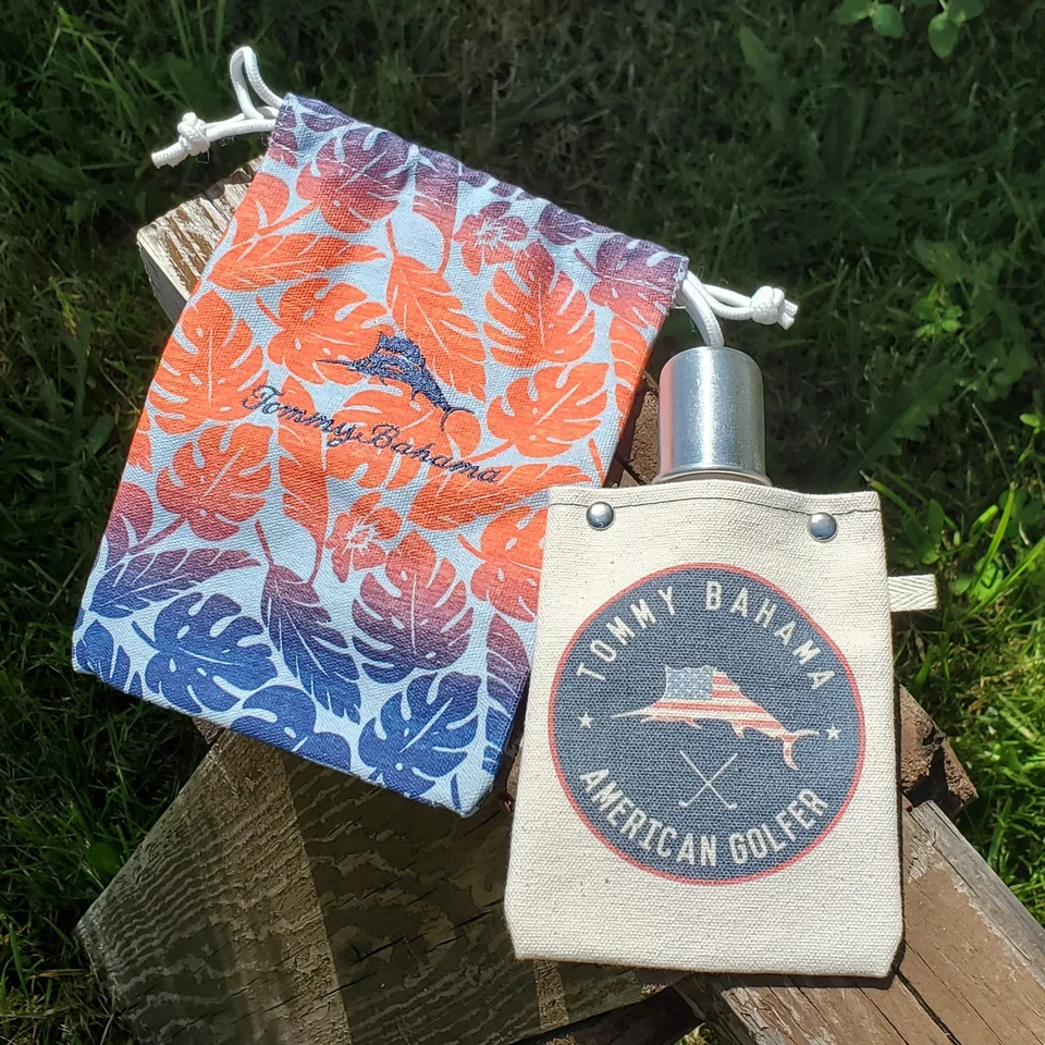 Tommy Bahama Canvas Flask American Golfer & Carrying Pouch Marlin Bag Tote+able - Image 2 of 4