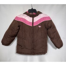 London Fog Brown Pink Colorblock Full Zip Hooded Puffer Jacket Girl's LARGE 6X