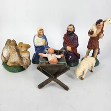 Vint Italy Nativity Figurines Set Chalkware 7pc Manger Camel Sheep Baby Cradle