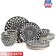 Dinnerware Black & White Medallion Stoneware Utility Elegance Clean Set 12 Piece