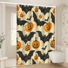 Cute Halloween Shower Curtain Pumpkin Bats Waterproof Bathroom Decor with Hooks