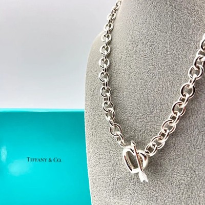 Rare Tiffany & Co  Silver 925 Heart Arrow Toggle Round Chain link Necklace Good