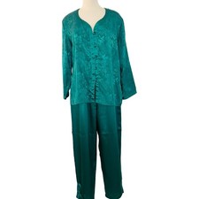 Victoria's Secret Vintage Gold Label Pajama SET Green Satin Jacquard Floral M