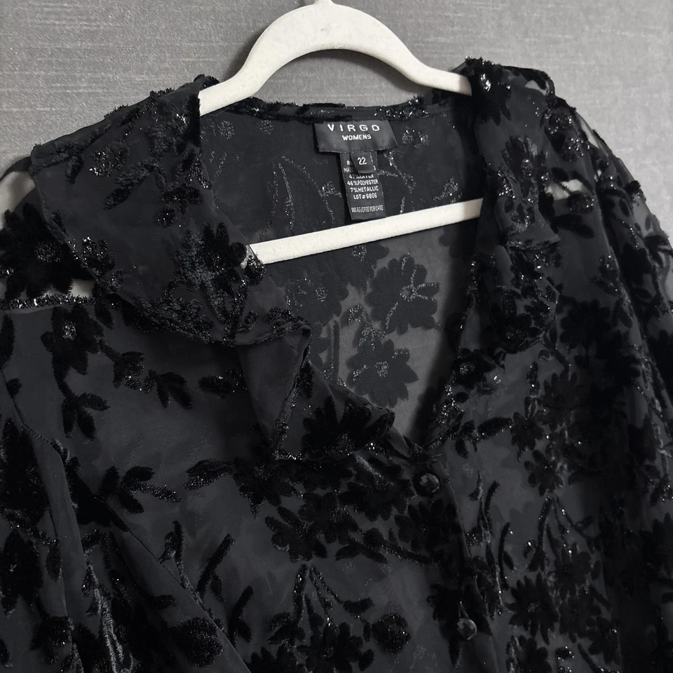 Blusa Virgo 22 Negra Floral Terciopelo Transparente Burnout Botón Volantes Cachicho Foto 2 de 4