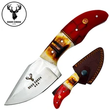 DC 002 3.75" Deer Creek Red Resin & Bovine Short Skinner Hunting Knife with Leat