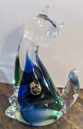 Vintag  Italian Verro Murano Art Glass Cat Cobalt Blue Green Clear Figurine