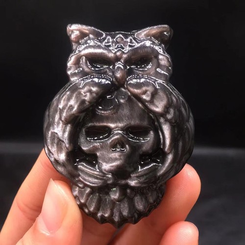 Natural Silver Obsidian Crystal Quartz Carved Owl Skull Healing Reiki Decora 1Pc - Picture 11 of 24