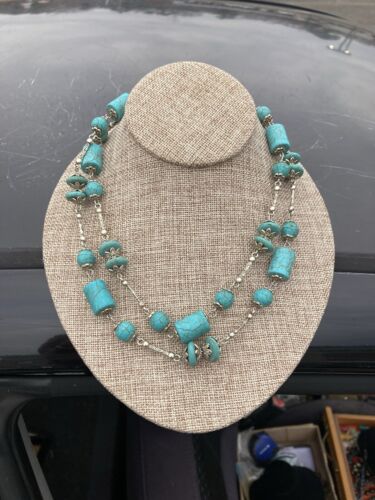 Silver & Turquoise Beaded Necklace 36" long EXC - Picture 3 of 3