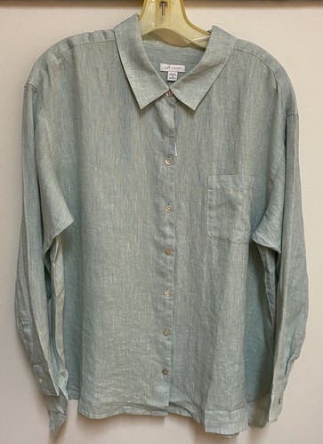 J. Jill Love Linen Essential Shirt Plus 1X Button Down Long Sleeve Classic Green