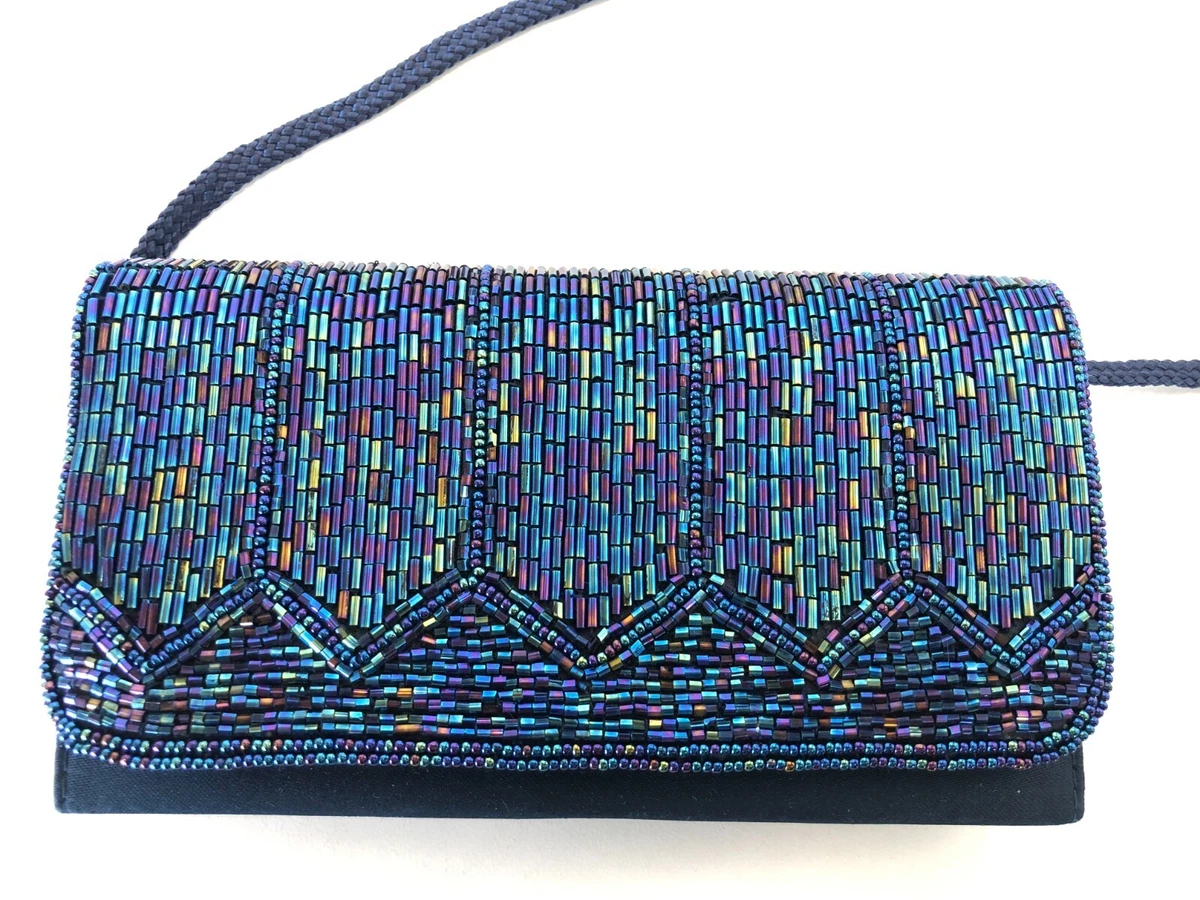 La Regale Blue Beaded Purse - Iridescent glass beads - Envelope Clutch w/  strap