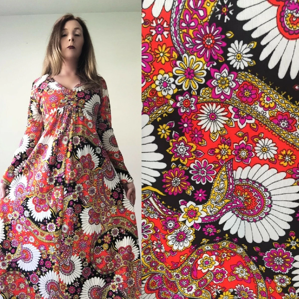 SM 60s 70s Psychedelic PAISLEY Long Sleeve Mod Boho Hippie Festival Maxi Dress