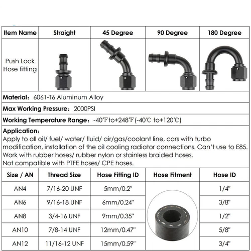 2 x 45 Degree Push on Lock Hose Fitting 6AN to 3/8 inch barb Fuel Line Fitting - Picture 6 of 8