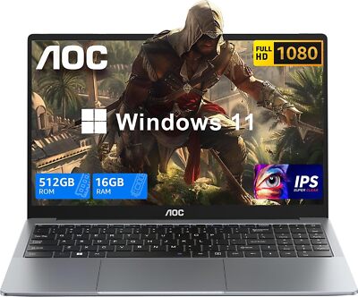 AOC 15.6'' PC Laptop 1080P Intel 12th N95 16GB DDR4 512GB M.2 SSD WIFI 5 BT Win11