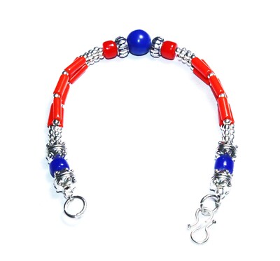 Tibetan Lapis Lazuli Coral Gemstone Handmade Nepali Bracelet Size 7-8.5 Inches