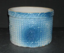Large 3# Blue & White "Daisy & Waffle Weave" Butter Crock Stoneware Salt Glaze
