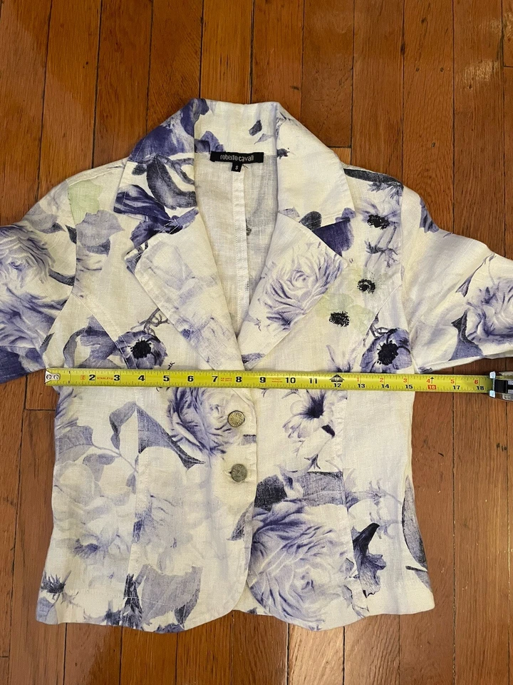 Roberto Cavalli Women’s Linen Blue White Floral Blazer Size Small - Image 3 of 4