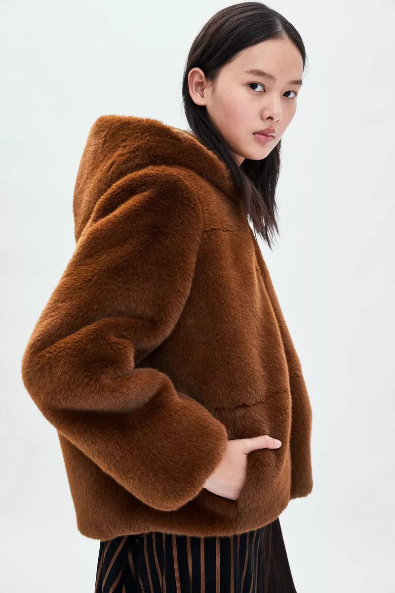 FAUX FUR WITH HOOD cazadora efecto Zara M | eBay