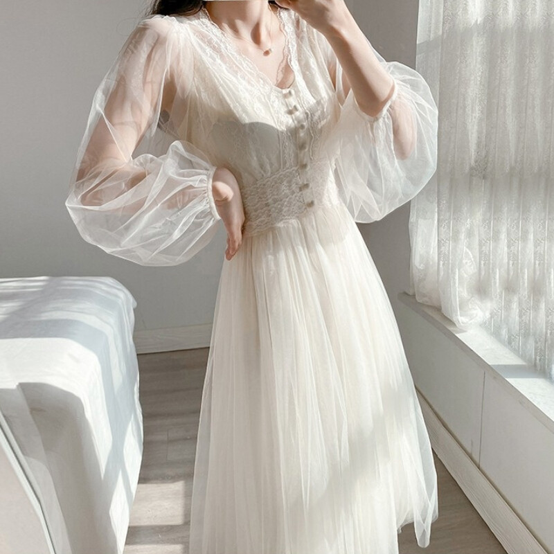 Women Elegant Tulle Lace Midi Dress and Cami Dress Set Vintage Puff Long Sleeve Women Elegant Tulle Lace Midi Dress and Cami Dress Set Vintage Puff Long Sleeve