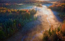 Landscape forest mist trees field river sun rays fall Custom Gaming Mat Desk