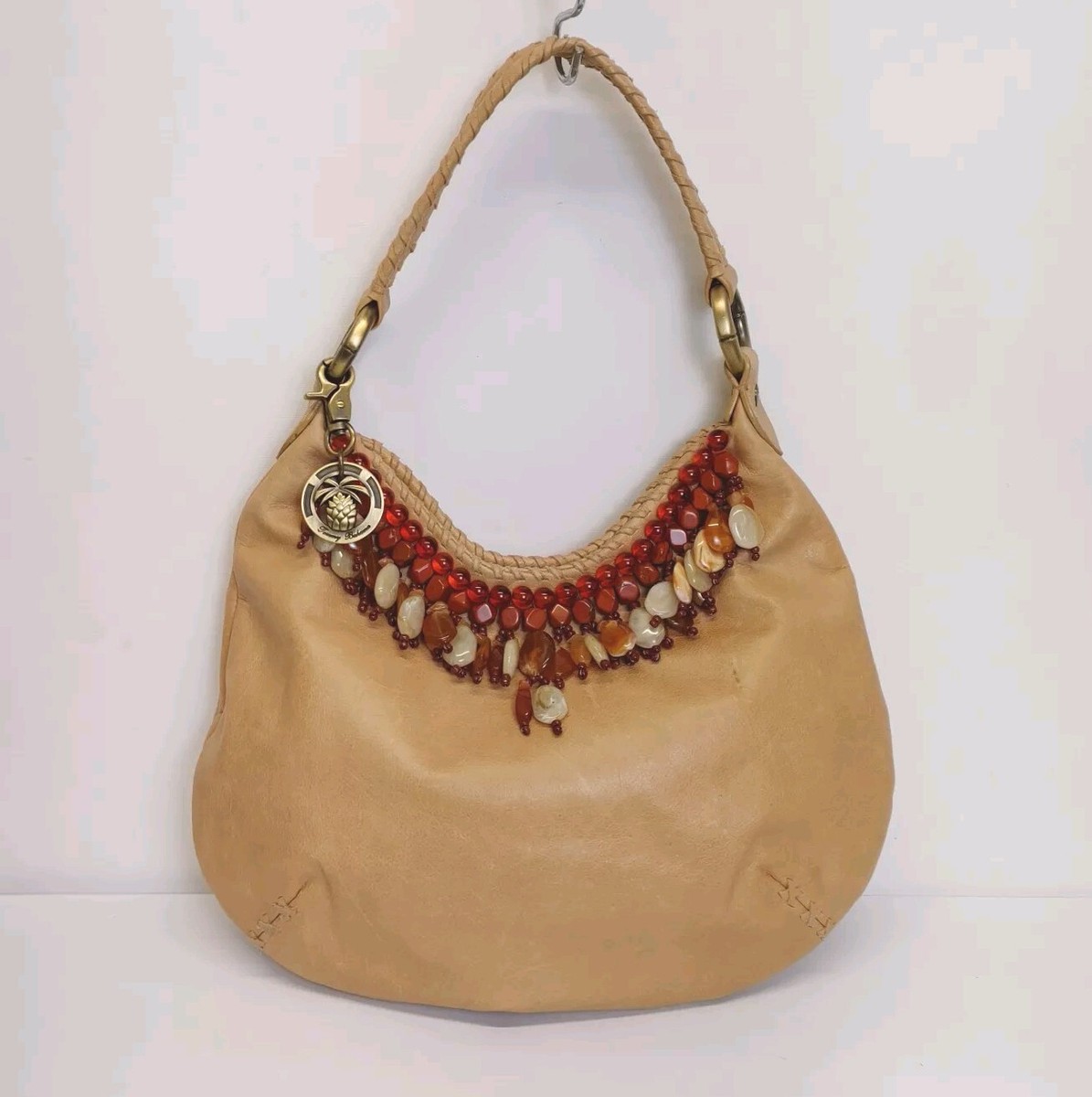 Tommy Bahama Leather Handbag Purse Beaded Stone Fringe Beige