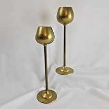 Mixed Set 2 Brass Tulip Candlestick Holders Vintage Approx 9.5 inches