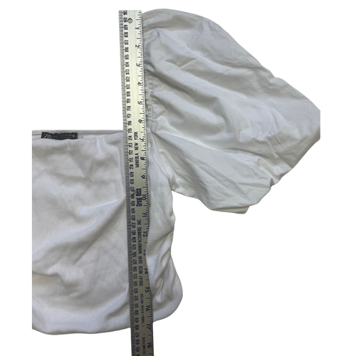 ZARA Women’s White Ribbed Short Puffed Sleeve Ruched Sides Crop Top Sz Large NWT - Picture 2 of 16