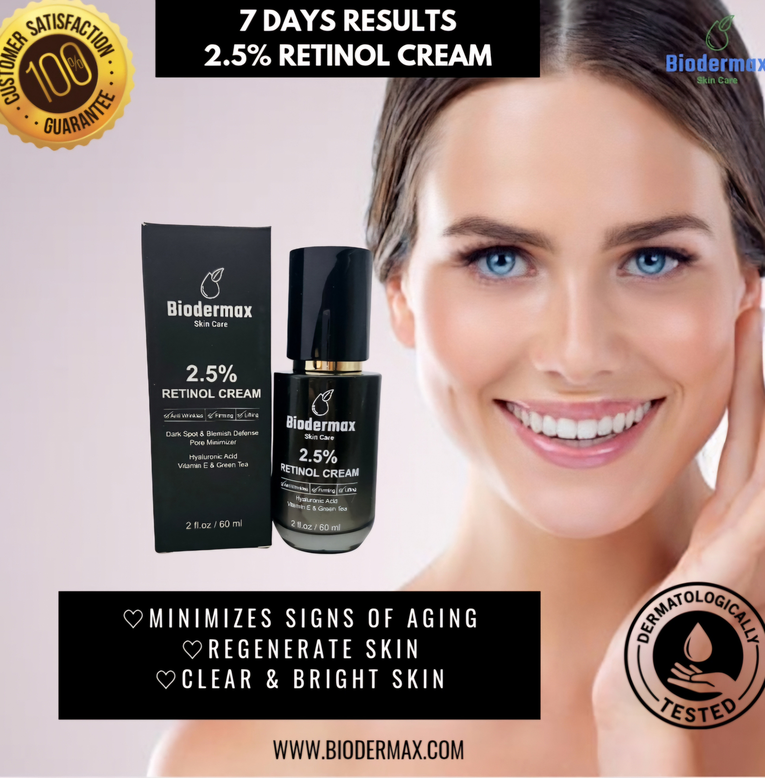 2.5% Retinol Cream with Hyaluronic Acid, Vitamin E & Green Tea 60ml bottle
