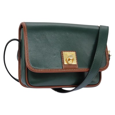 CELINE Shoulder Bag Leather Green Brown gold Auth 111781