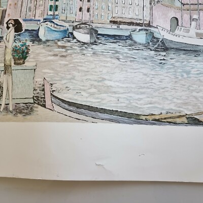 Lithograph Saint Tropez Ramon Dilley 56x76 cm French Architecture