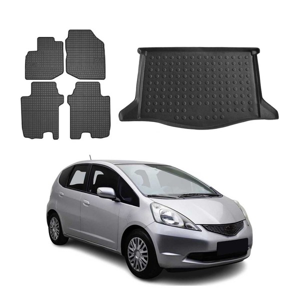 FußMatten & Kofferraumwanne Set FüR Honda Jazz 2008-2015 Gummi Tpe Schwarz 5X-image